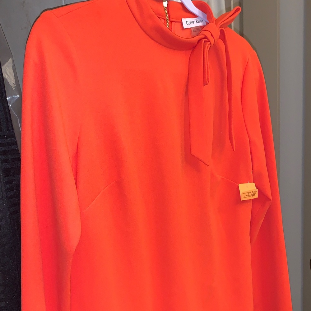 Calvin Klein Vibrant Orange Dress with Bow Tie & Gold Back Zipper